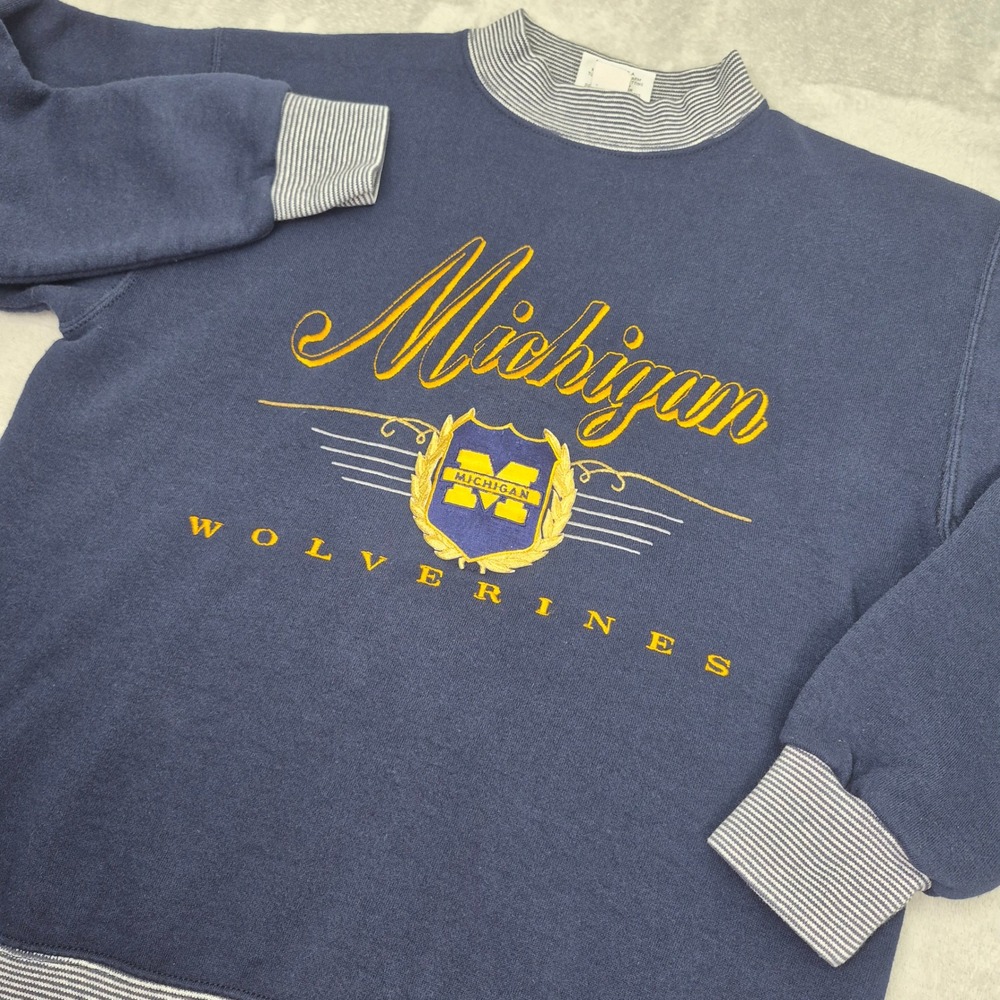 Vintage Michigan Wolverines Sweatshirt Navy Blue Mock Neck Striped Made in USA - Picture 2 of 12